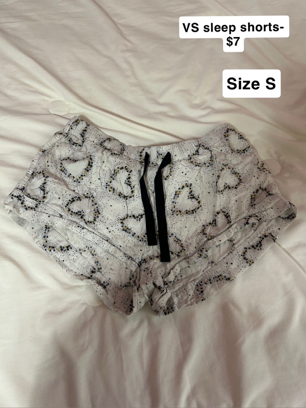 Victoria's Secret White Heart Print Sleep Shorts with Black Drawstring